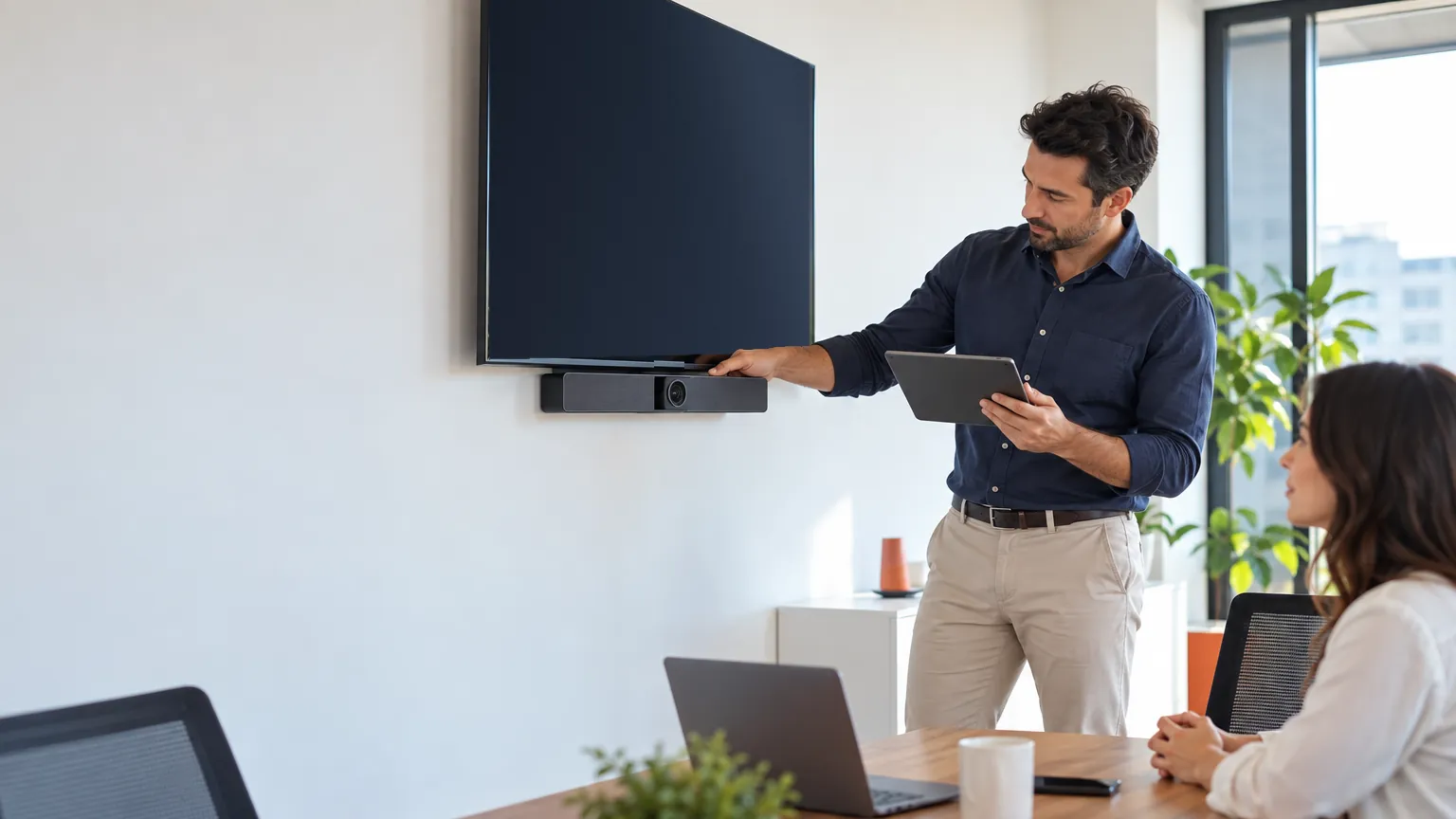 Toplantı odasında ekranın altına video bar kurulumu yapan ve ayarları tabletten kontrol eden teknik uzman