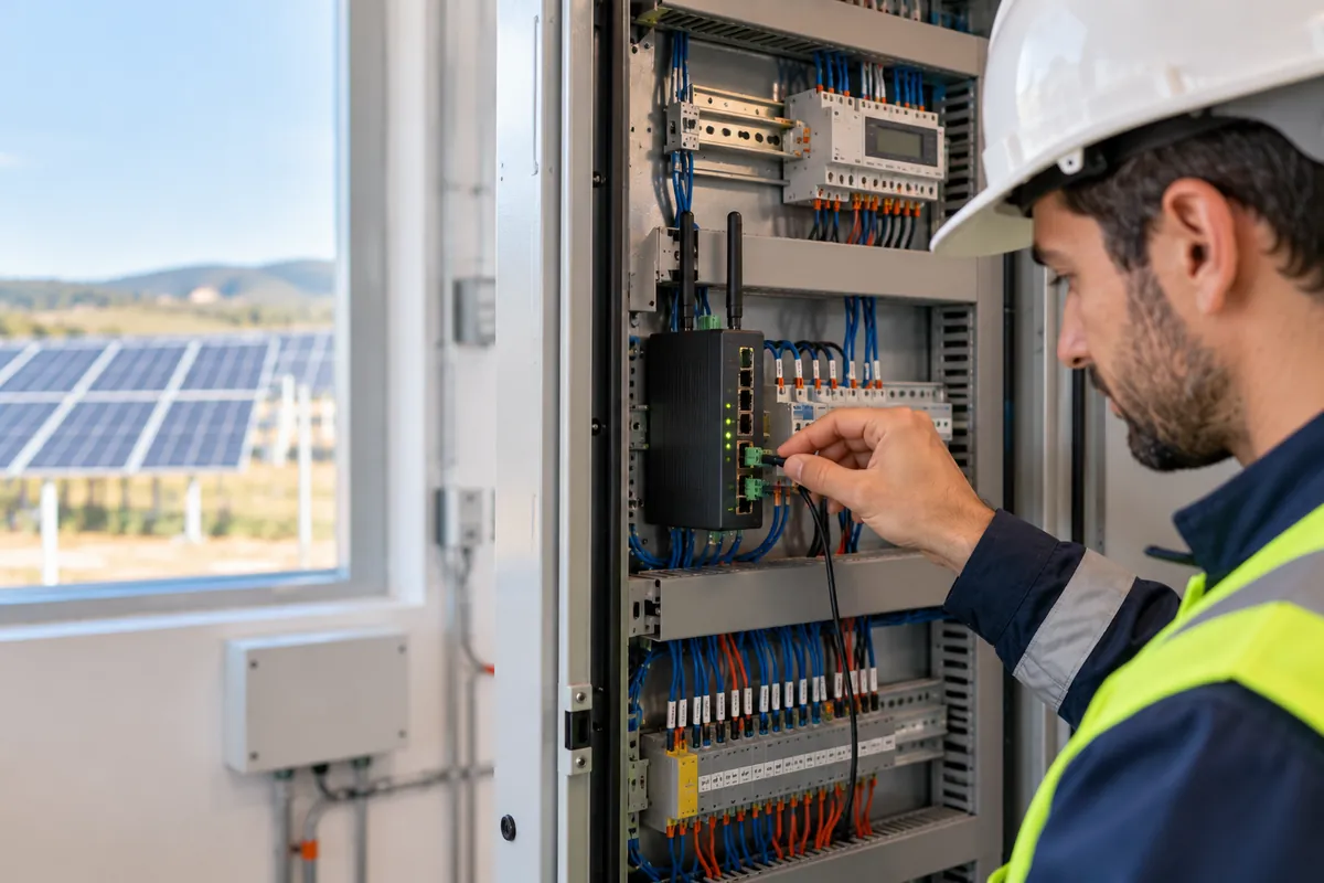 Güneş enerjisi tesisindeki kontrol panosunda IoT gateway kablolamasını yapan teknisyen