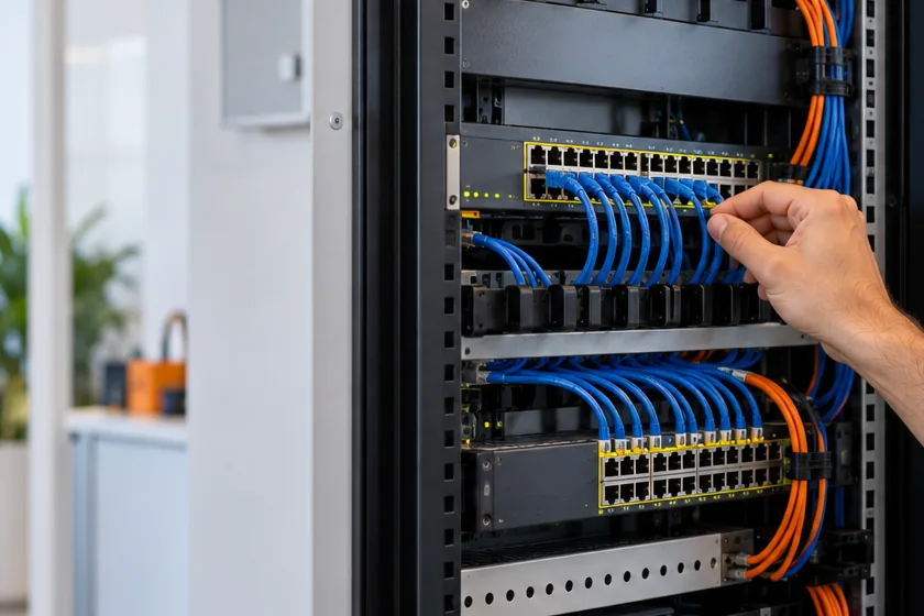 Rack kabindeki ağ anahtarına ethernet kablosu takan teknisyen eli