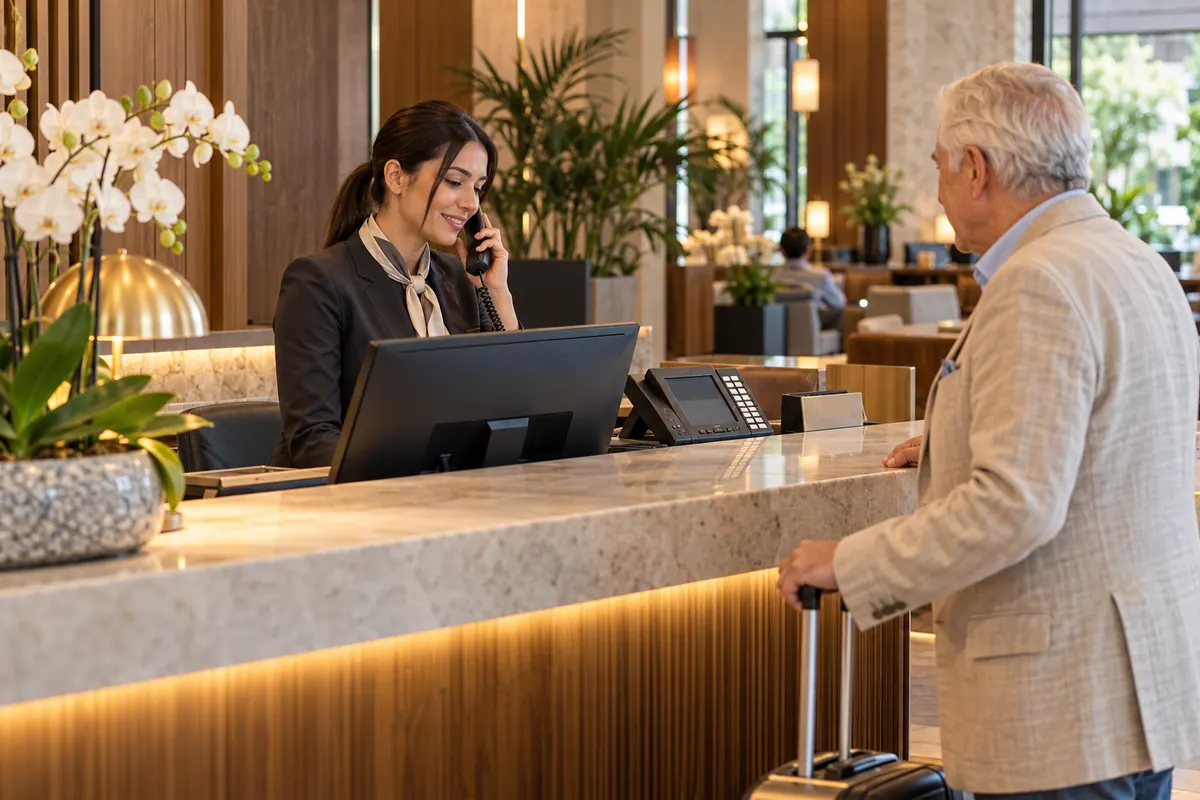 Otel resepsiyonunda telefonla görüşen görevli ve misafir